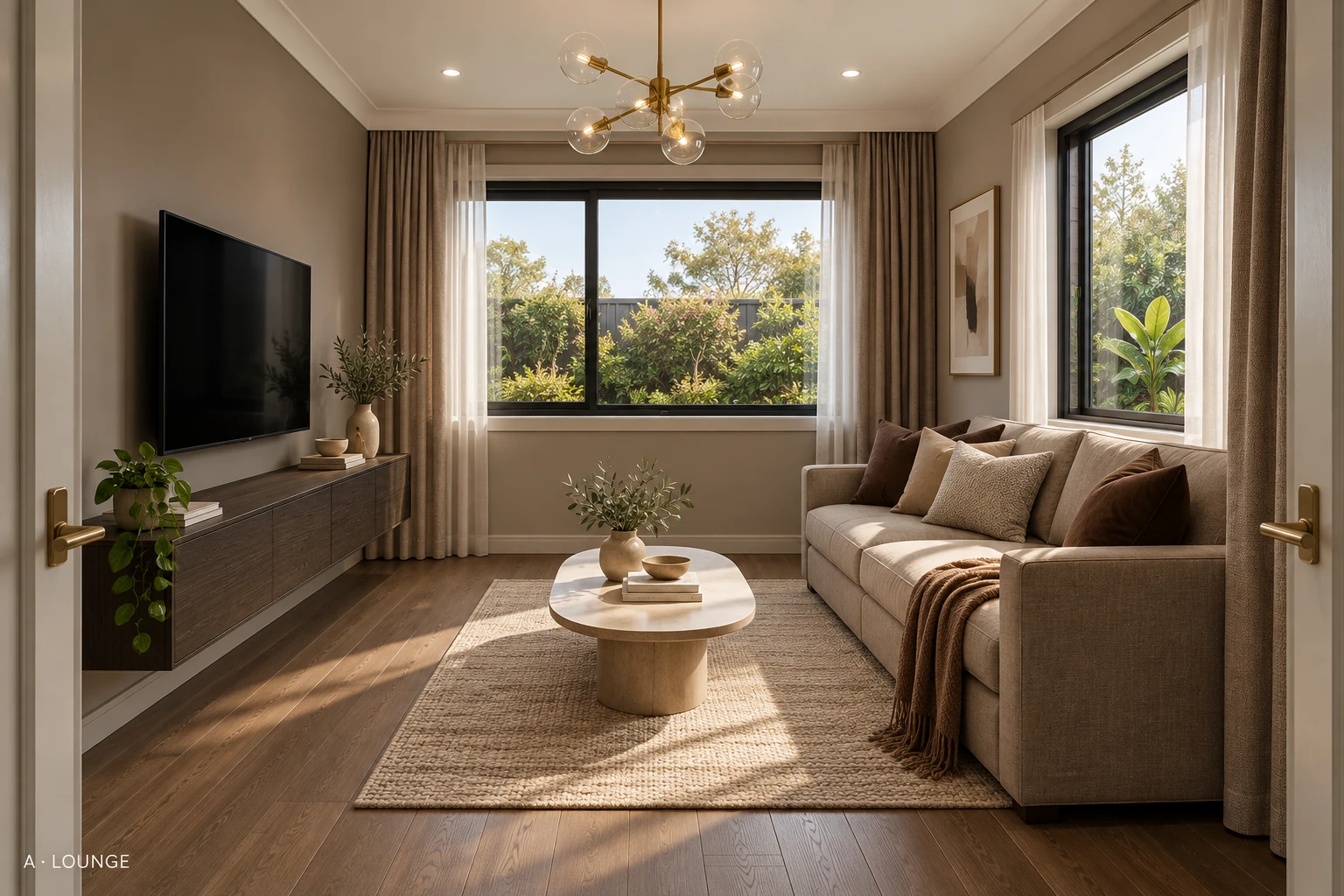 Lot 111 family room with generous windows and warm finishes — rendering